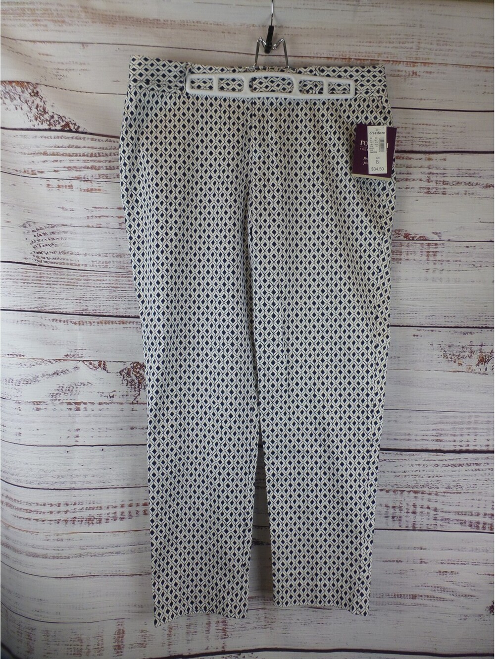 Roz & Ali Women's Navy White Geometric Ankle Pants Size 8 SMART Stretch NWT- J4